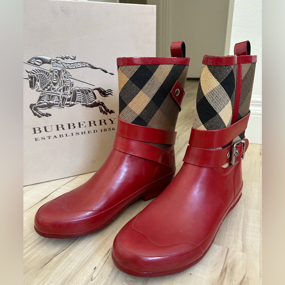 Red Burberry rain boots
